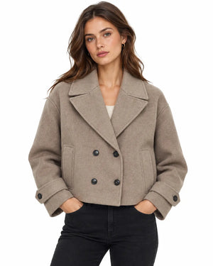 Trench Femme - Court Laine Mélangée Double Boutonnage Oversize Marron porté