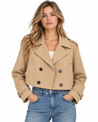 Women's Trench Coat – Cropped Oversized Double-Breasted Notch Collar Epaulettes - Khaki