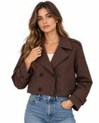 Women's Trench Coat – Cropped Oversized Double-Breasted Notch Collar Epaulettes - Brown
