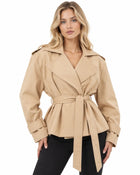 Women's Trench Coat – Oversized Double-Breasted Wide Collar Belt Shoulder Tabs - Beige