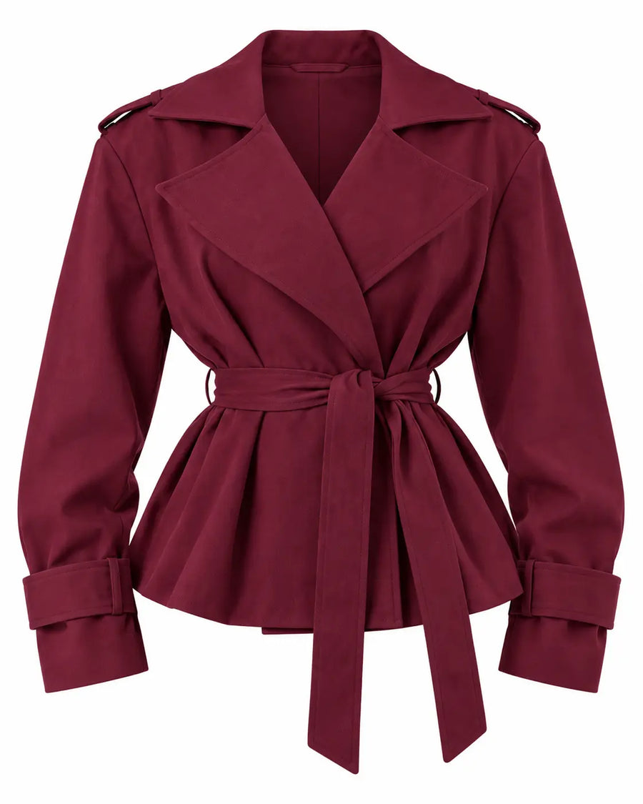 Trench Femme - Croisé Oversize Grand Col Ceinture Pattes d'Épaule Bordeaux