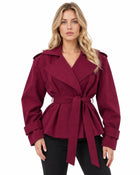 Women's Trench Coat – Oversized Double-Breasted Wide Collar Belt Shoulder Tabs - Burgundy