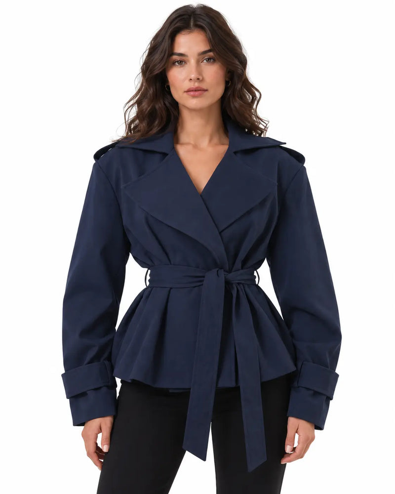 Trench Femme - Croisé Oversize Grand Col Ceinture Pattes d'Épaule Marine porté