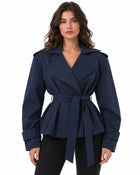 Women's Trench Coat – Oversized Double-Breasted Wide Collar Belt Shoulder Tabs - Navy