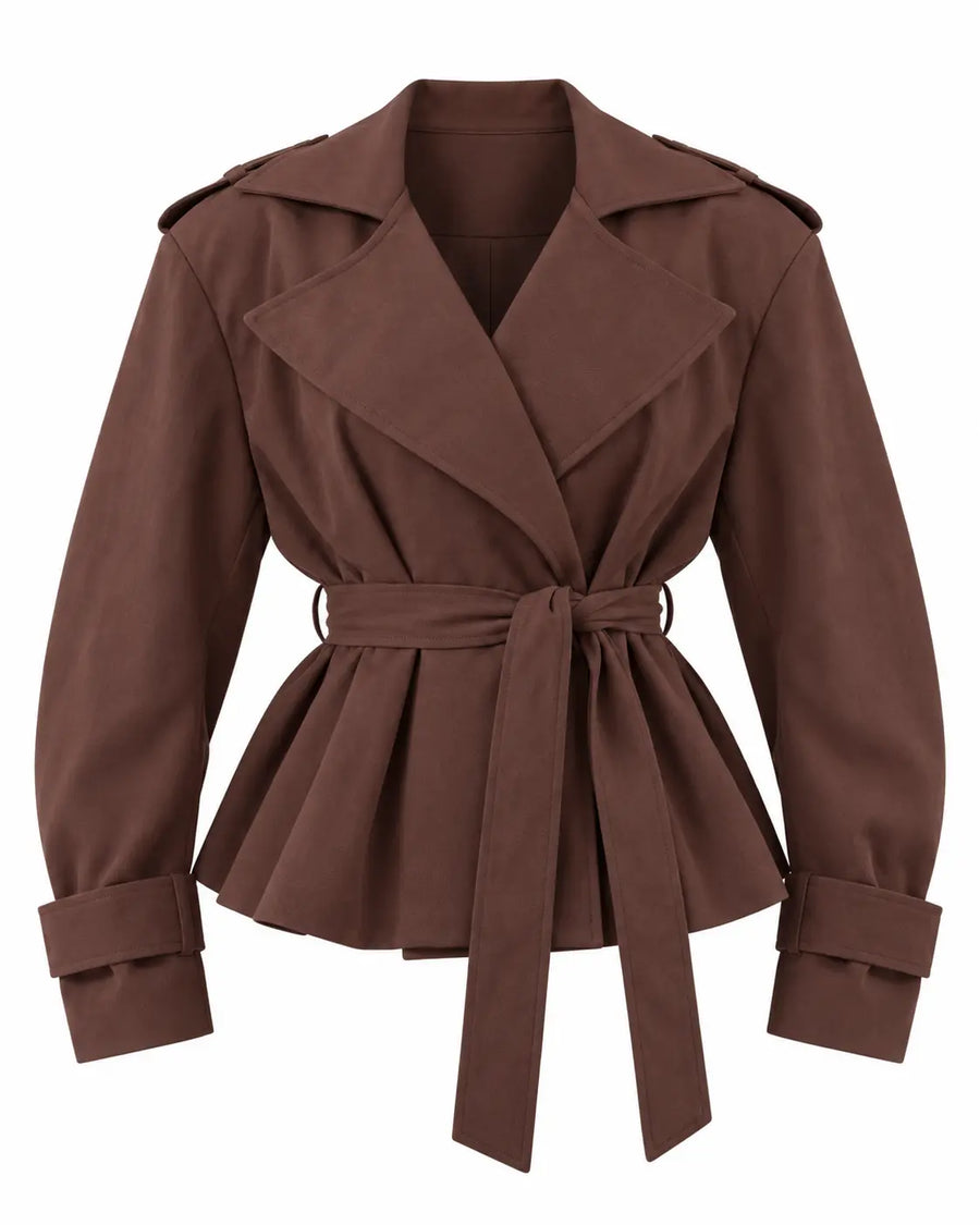 Trench Femme - Croisé Oversize Grand Col Ceinture Pattes d'Épaule Marron