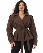 Women's Trench Coat – Oversized Double-Breasted Wide Collar Belt Shoulder Tabs - Brown