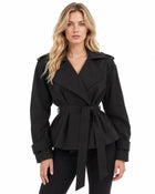 Women's Trench Coat – Oversized Double-Breasted Wide Collar Belt Shoulder Tabs - Black