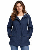 Women's Fern Green Trench Coat – Long Hooded Buttoned Polyester - Navy