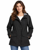 Women's Fern Green Trench Coat – Long Hooded Buttoned Polyester - Black
