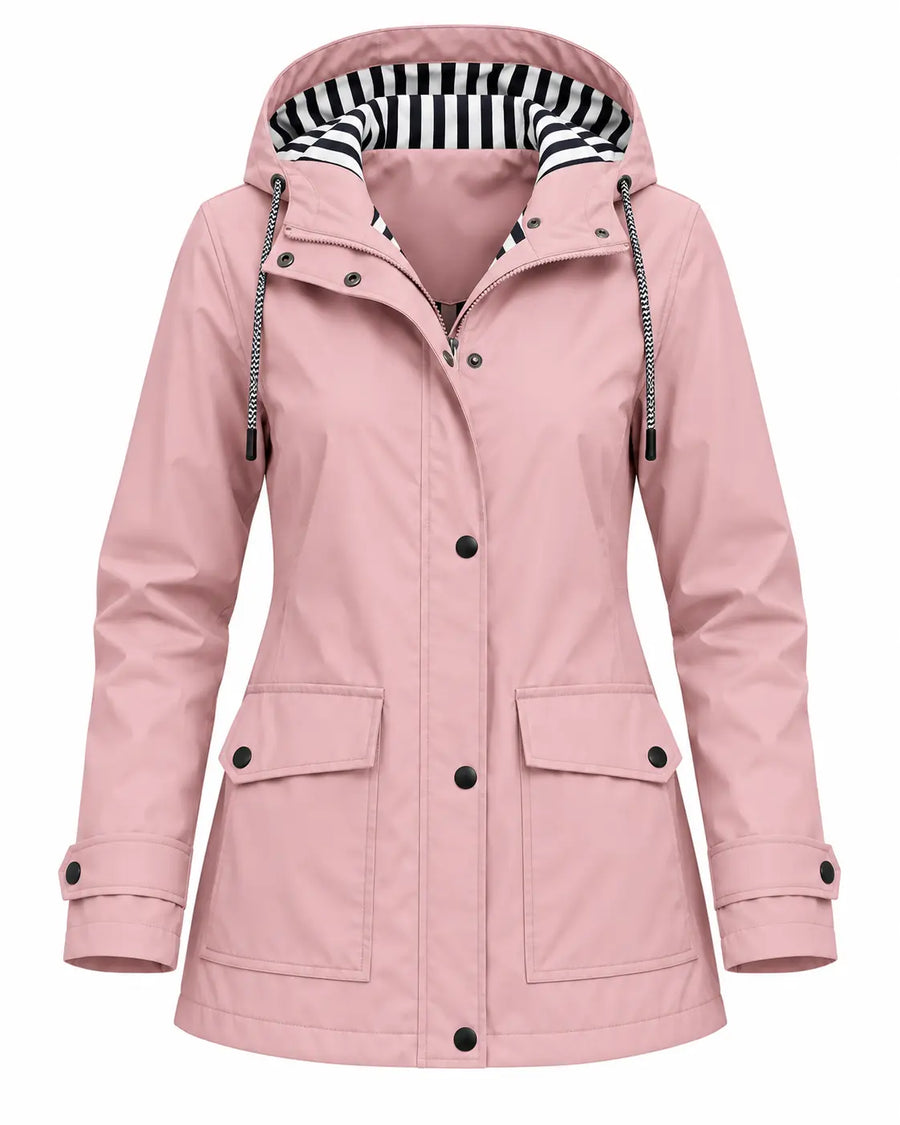 Trench Femme Vert Fougère - Long à Capuche Boutonné Polyester Rose