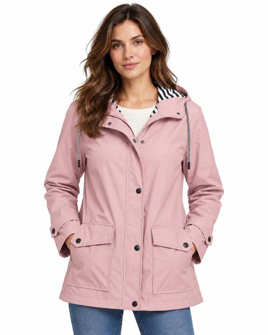Trench Femme Vert Fougère - Long à Capuche Boutonné Polyester Rose porté