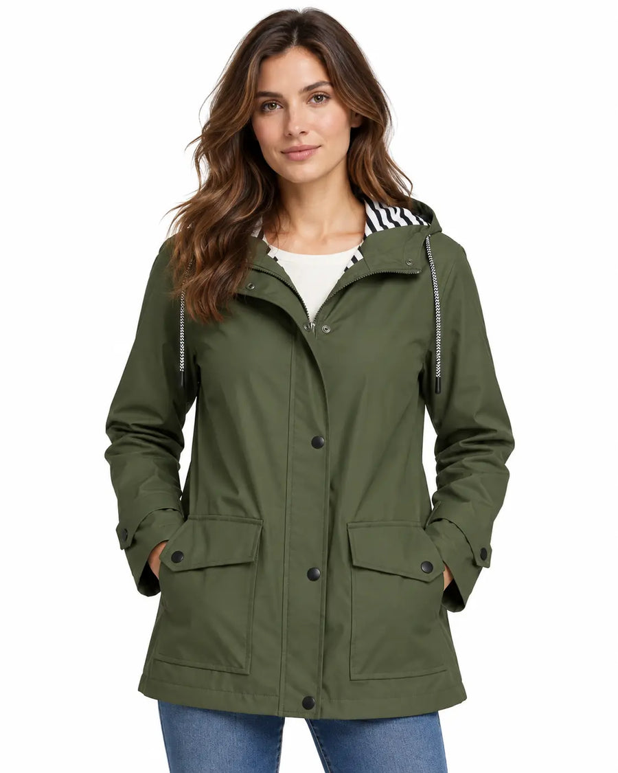 Trench Femme Vert Fougère - Long à Capuche Boutonné Polyester Vert Fougère porté