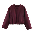 Women's Zip-Up Bomber Jacket with Loose Sleeves - Burgundy