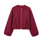 Women's Zip-Up Bomber Jacket with Loose Sleeves - Red
