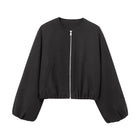 Women's Zip-Up Bomber Jacket with Loose Sleeves - Black