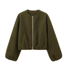 Women's Zip-Up Bomber Jacket with Loose Sleeves - Army Green