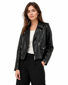 Women's Cropped V-Neck Leather Jacket - Black