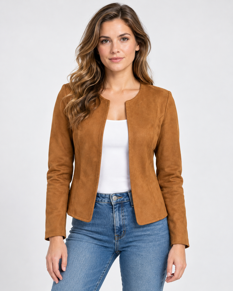 Veste Courte Daim Femme - Zippée Col Rond Ajustée