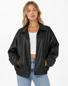 Women's Loose-Fit Leather Jacket with Open Collar - Black