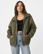 Women's Loose-Fit Leather Jacket with Open Collar - Army Green