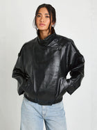 Women's Zip-Up Leather Bomber Jacket - Black
