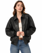 Women's V-Neck Leather Jacket - Black
