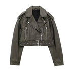 Women's Loose-Fit Leather Jacket - Olive Green