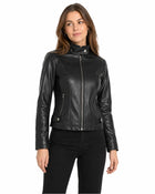 Women's Zip-Up Leather Jacket with High Collar - Black