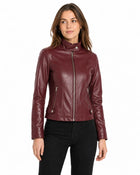 Women's Zip-Up Leather Jacket with High Collar - Burgundy