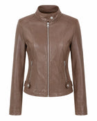 Women's Zip-Up Leather Jacket with High Collar - Brown