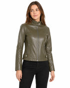 Women's Zip-Up Leather Jacket with High Collar - Army Green
