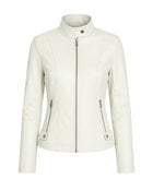 Women's Zip-Up Leather Jacket with High Collar - White