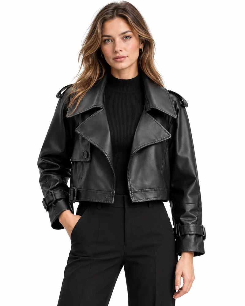 Veste Femme - Oversize Courte Aspect Cuir Col Cranté Épaulettes Noir porté
