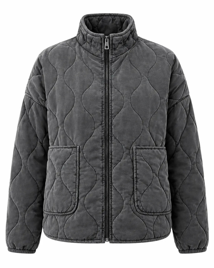 Veste Matelassée Femme - Col Montant Poches Plaquées Gris foncé