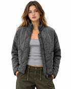 Women's Quilted Jacket – High Collar Patch Pockets - Dark Grey