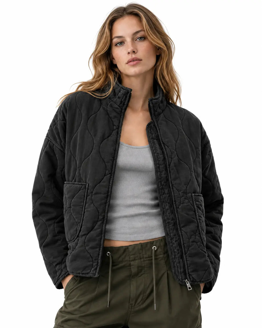 Veste Matelassée Femme - Col Montant Poches Plaquées Noir porté
