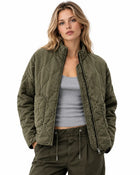 Women's Quilted Jacket – High Collar Patch Pockets - Army Green
