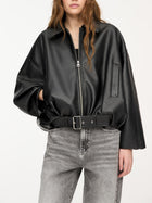 Women's Loose-Fit Faux Leather Jacket - Black