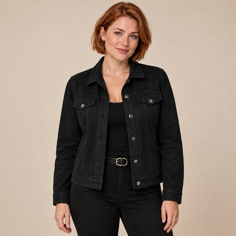Veste Trucker Femme - Effet Daim Boutonnée Poches Poitrine - Noir - photo portée sur fond beige